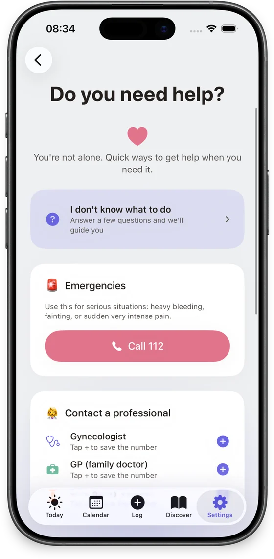 Softly's “Do you need help?” screen, with emergencies and helplines
